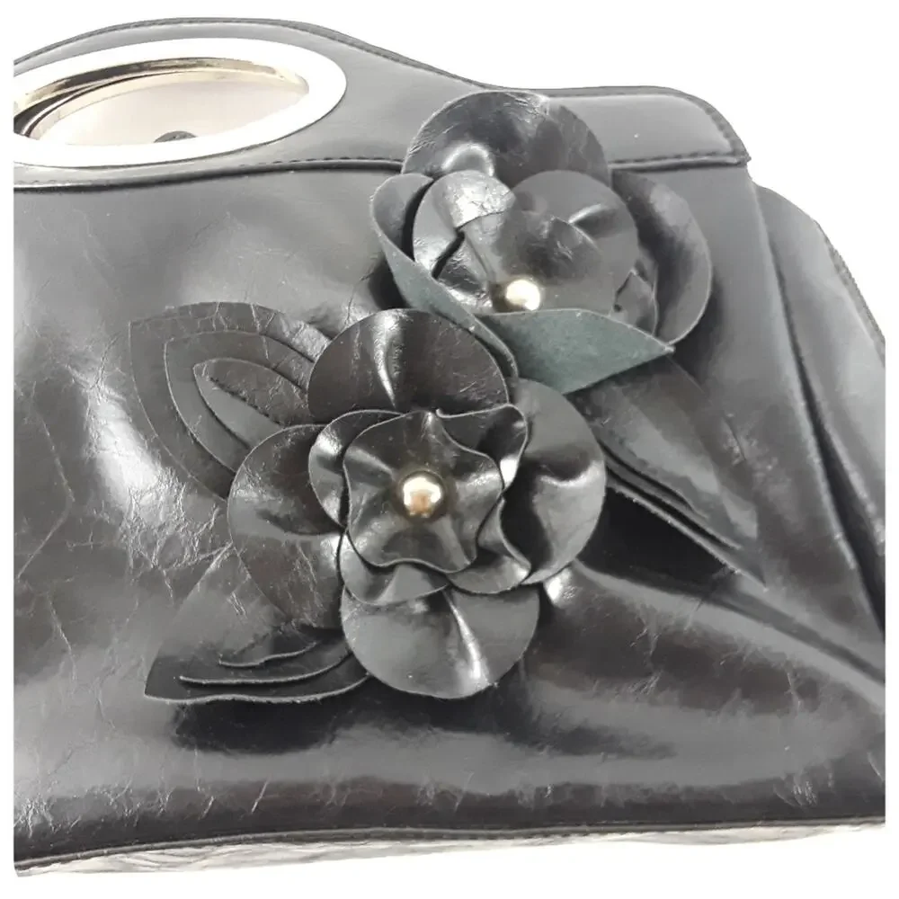 NICOLE MILLER Black Faux Leather Clutch Purse w/ Flowers Embellished Vegan Y2K